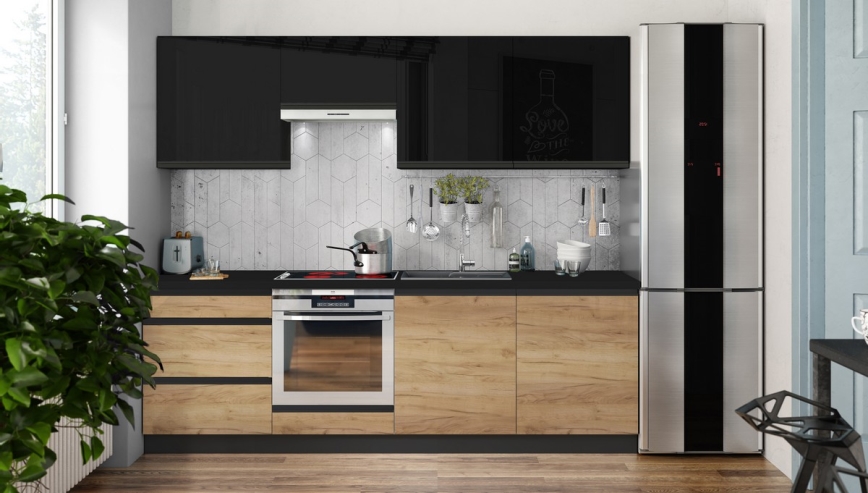 Cuisine MARINA 240 cm chêne brut/noir brillant