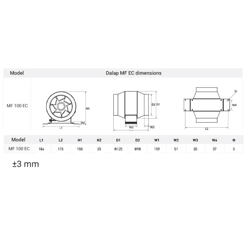 Dalap 24MF100 - Kanaalventilator met energiezuinige motor en toerentalregelaar MF 100 EC 18W/230V