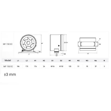 Dalap 24MF150 - Kanaalventilator met energiezuinige motor en toerentalregelaar MF 150 EC 40W/230V