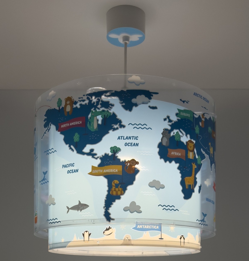 Dalber 40672 - Kinderkroonluchter WORLD 1xE27/15W/230V blauw