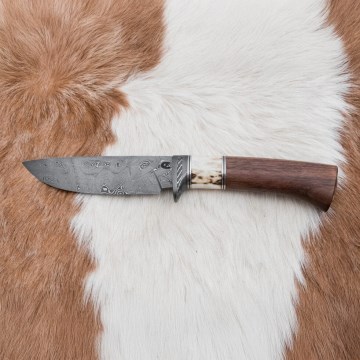 Damascus jachtmes 11,8 cm walnoot/herten gewei