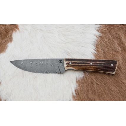 Damascus jachtmes met minizaag 11 cm herten gewei