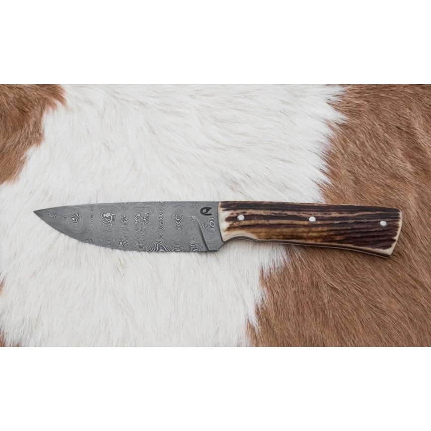 Damascus jachtmes met minizaag 11 cm herten gewei