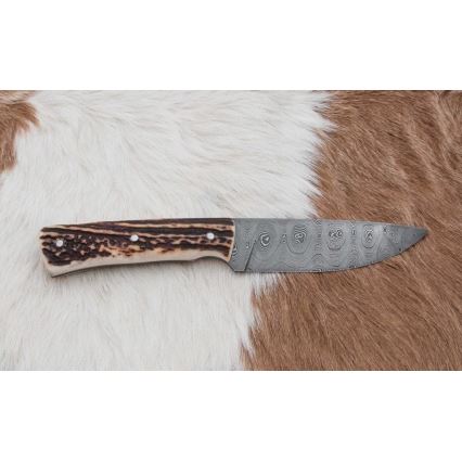 Damascus jachtmes met minizaag 11 cm herten gewei