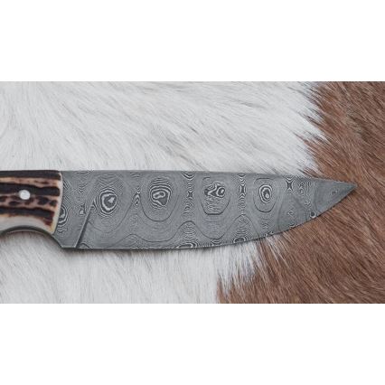 Damascus jachtmes met minizaag 11 cm herten gewei