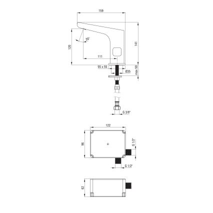 Deante BQH_029R - Robinet de vasque sans contact avec régulation de température HIACYNT 4xAA chrome brillant
