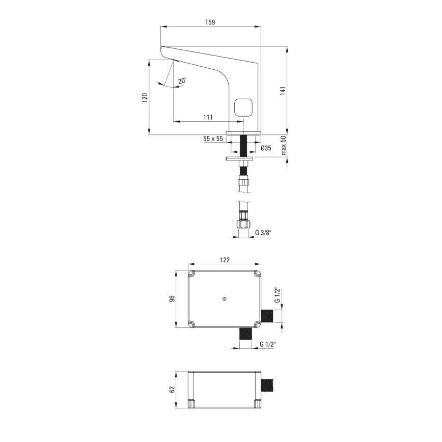 Deante BQH_029R - Robinet de vasque sans contact avec régulation de température HIACYNT 4xAA chrome brillant