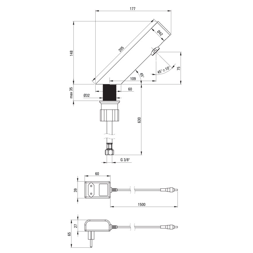 Deante BQR_P28V - Robinet de vasque sans contact SENSE 230/6V acier poli