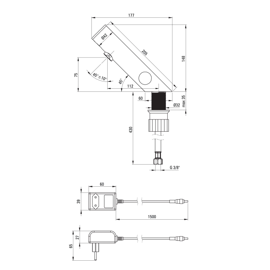 Deante BQR_P29V- Robinet de vasque sans contact avec régulation de température SENSE 230/6V acier poli