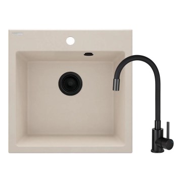Deante ZQJN5103 - Évier de cuisine EVORA 50x50 cm + robinet d'évier avec bras flexible granit/beige