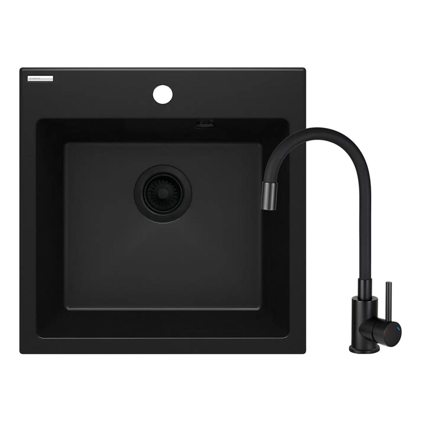 Deante ZQJNN103 - Gootsteen EVORA 50x50 cm + gootsteenkraan met flexibele arm graniet/zwart