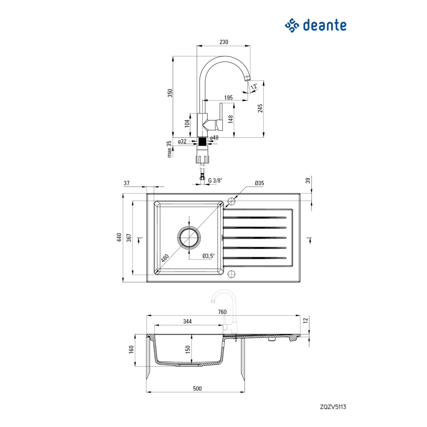 Deante ZQZVT113 - Évier de cuisine ZORBA 76x44 cm + sink tap granit/métallique anthracite