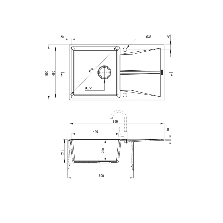 Deante ZRC_211A - Gootsteen CORIO 50x86 cm graniet/grafiet