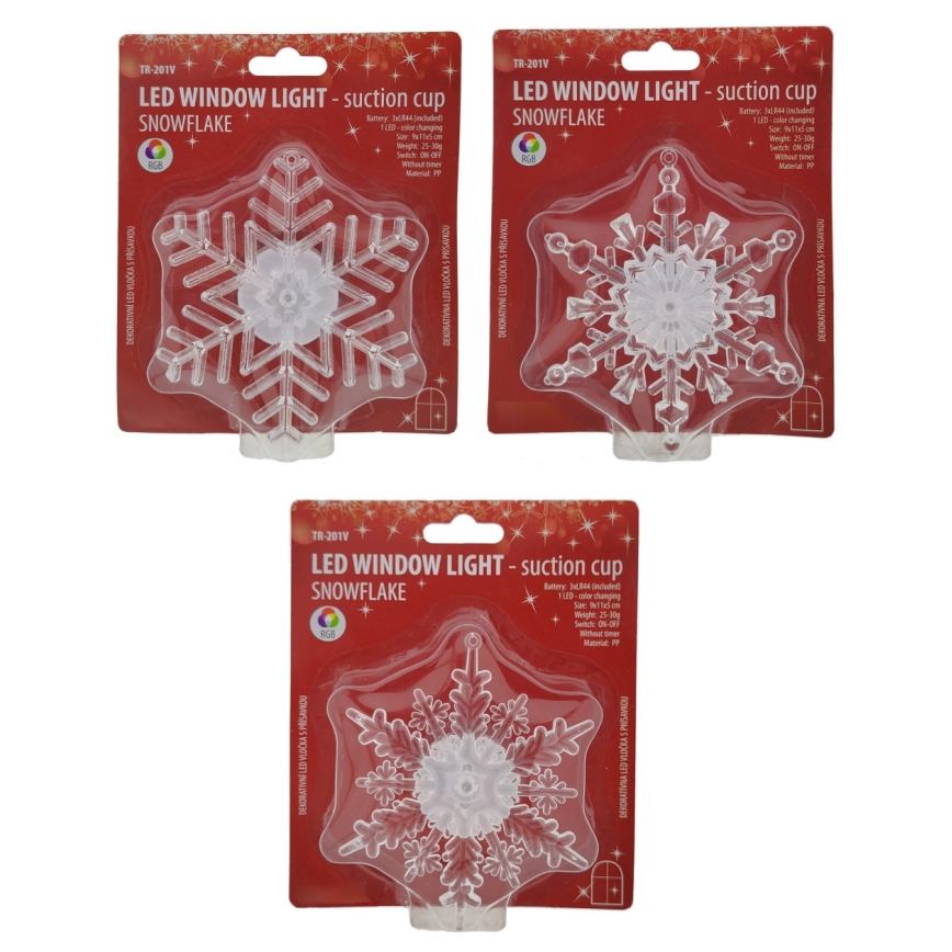 Décoration de Noël en forme de flocon, LED RGB, à ventouse — fonctionne avec 3× LR44