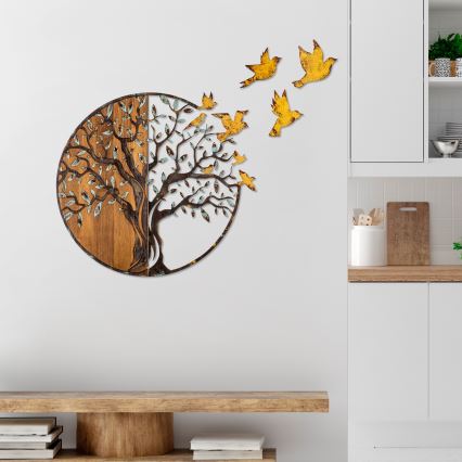 Décoration murale 92x71 cm arbre et oiseaux bois/métal