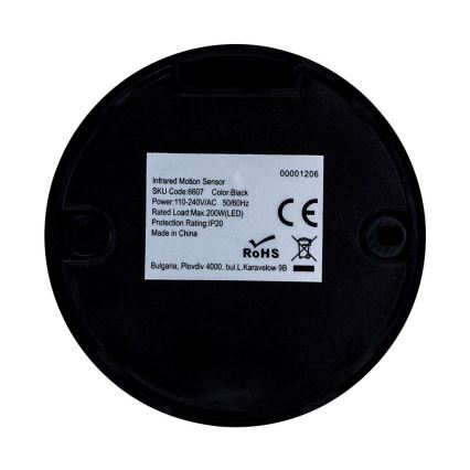 Détecteur de mouvement infrarouge 360° 200W/230V noir