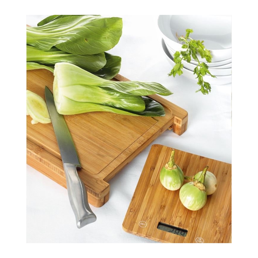 Digitale keukenweegschaal + bamboe bord