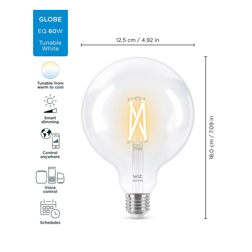 Dimbare LED Lamp FILAMENT G125 E27/7W/230V 2700-6500K CRI 90 Wi-Fi - WiZ