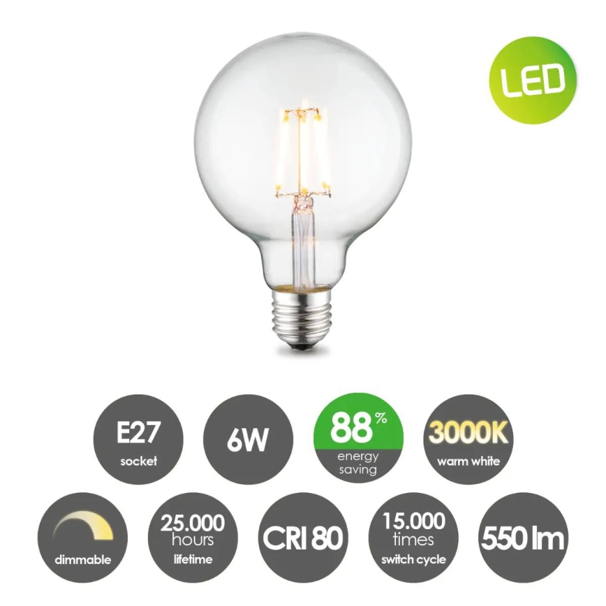 Dimbare LED-lamp VINTAGE GLOBE G95 E27/6W/230V 3000K