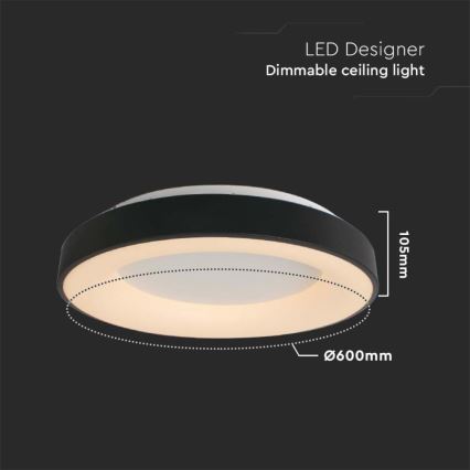 Dimbare LED Plafondlamp LED/49W/230V 3000K diameter 60 cm zwart