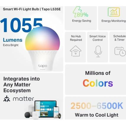 Dimbare LED RGBW-lamp MATTER A60 E27/8,6W/230V 2500-6500K Wi-Fi - TP-Link