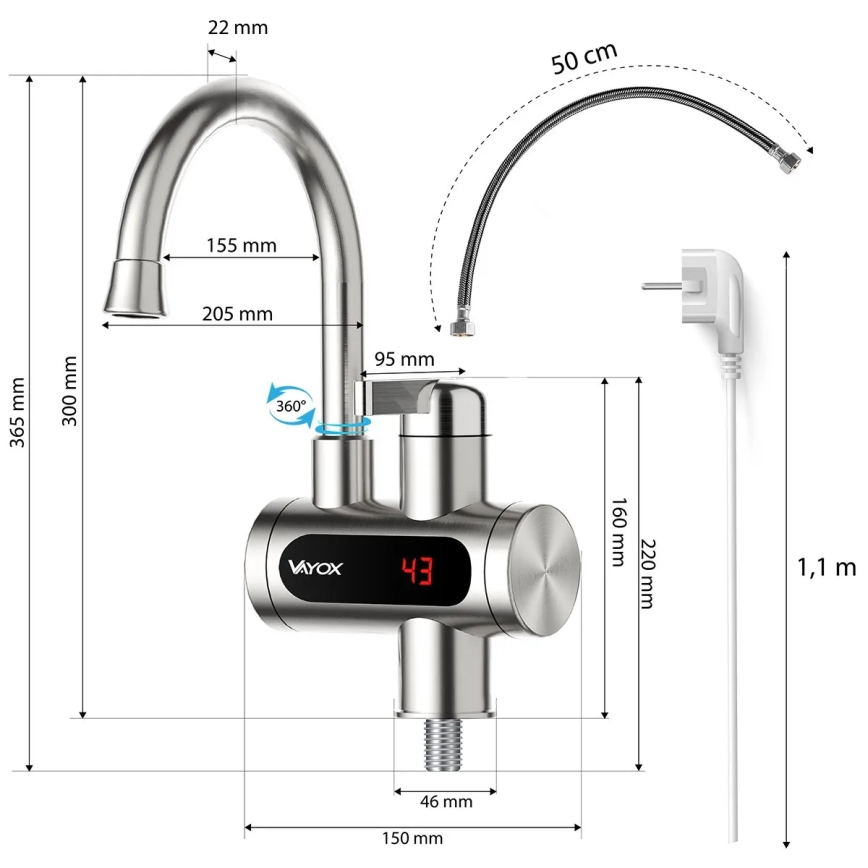 Doorstroomwaterverwarmer met LED scherm 3000W/230V IPX4 roestvrij