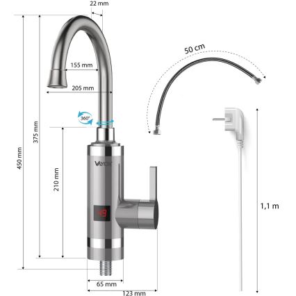 Doorstroomwaterverwarmer met LED scherm 3000W/230V IPX4 roestvrij