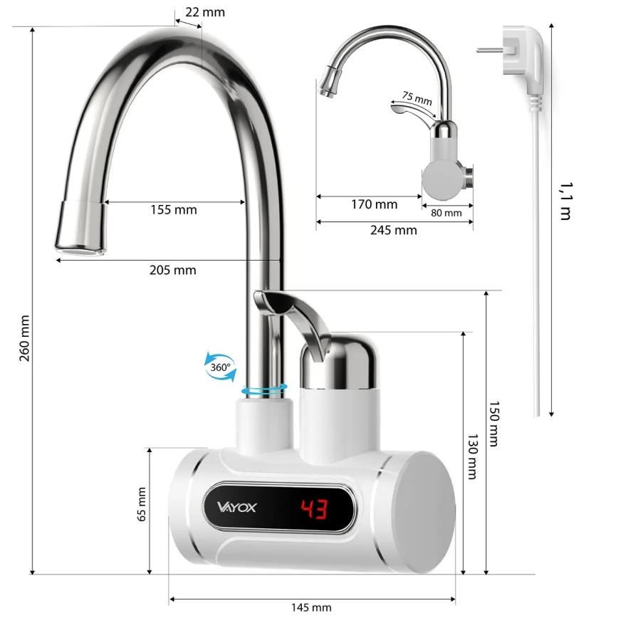 Doorstroomwaterverwarmer met LED scherm 3000W/230V IPX4 wit