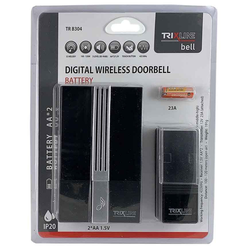Draadloze deurbel BELL 1x23A + 2xAA zwart