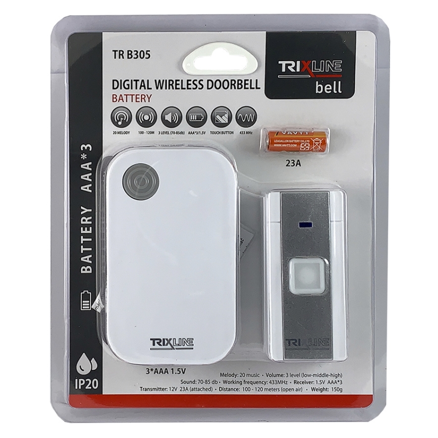 Draadloze deurbel BELL 1x23A + 3xAAA wit