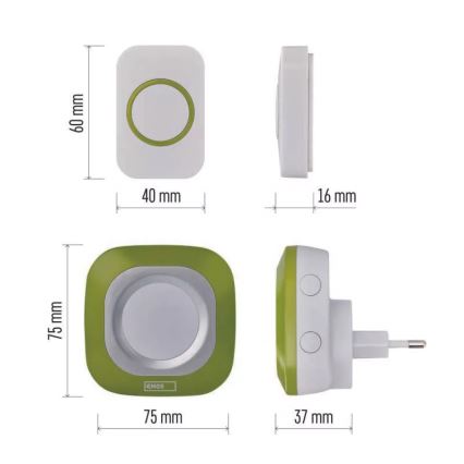 Draadloze deurbel met stekker 230V + 1xCR2032 IP44 groen