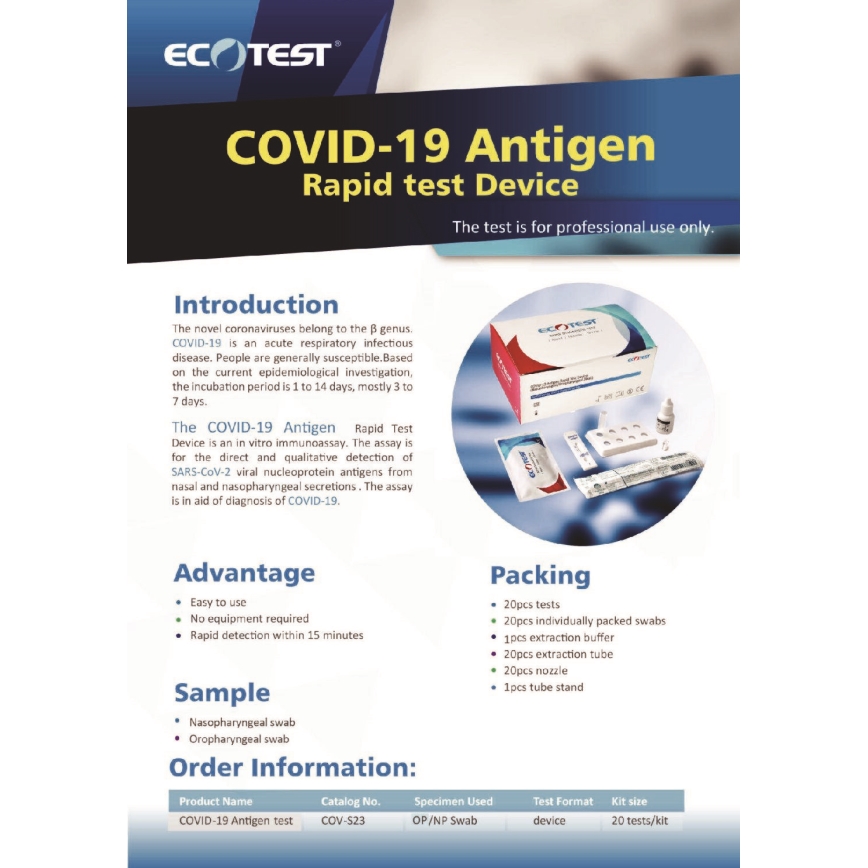 ECOTEST RAPID - Test antigénique rapide COVID-19, paquet de 20pcs