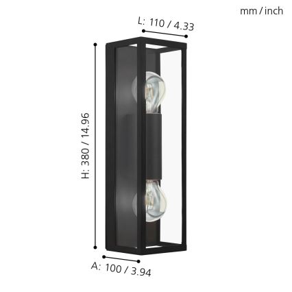 Eglo 33856 - Applique murale extérieure ALAMONTE 2xE27/60W/230V IP44 noire