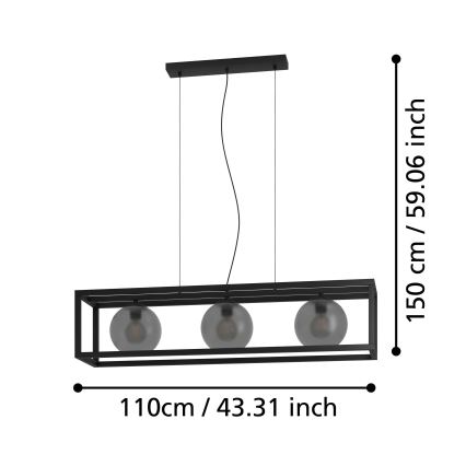 Eglo - Suspension filaire 3xE27/40W/230V fumé/noir
