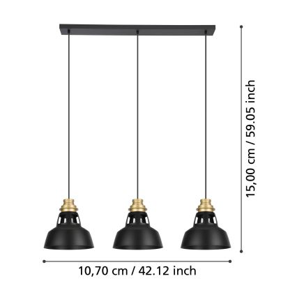 Eglo - Hanglamp aan een koord 3xE27/40W/230V zwart/goud
