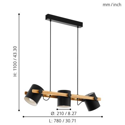 Eglo - Hanglamp aan koord 3x E27 / 60W / 230V