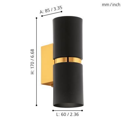 Eglo 64795 - LED wand verlichting PASSA PRO 2xGU10/3,3W/230V 3000K zwart/goud