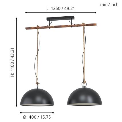 Eglo 78444 - Hanglamp aan een koord HODSOLL 2xE27/40W/230V zwart/bruin