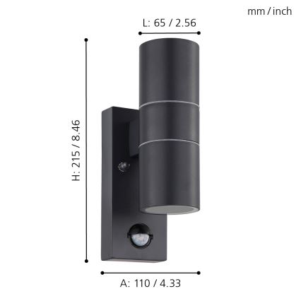 Eglo 79545- Applique murale LED extérieure avec détecteur ARAPONGAS 2xGU10/2,8W/230V IP44 noir