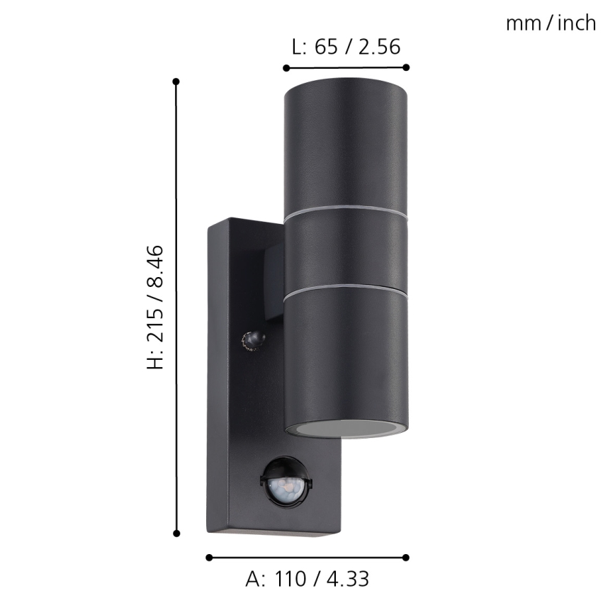 Eglo 79545- Applique murale LED extérieure avec détecteur ARAPONGAS 2xGU10/2,8W/230V IP44 noir