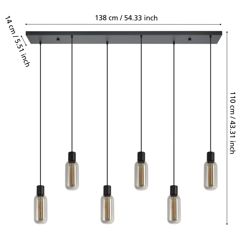 Eglo - Hanglamp met kabelophanging 6xE27/4W/230V zwart/rookglas