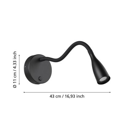 Eglo - Flexibele LED-wandlamp met USB, 3,8W/230V, zwart