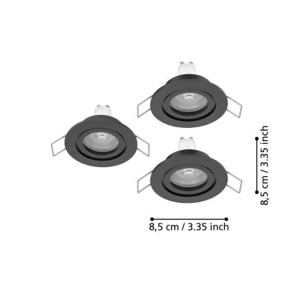 Eglo - Set van 3 LED inbouwspots voor badkamer, 1x GU10/4,5W/230V, IP44, zwart