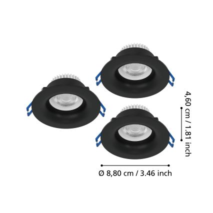 Eglo - Set van 3 LED-inbouwspots voor badkamer, 4,9W, 230V, 2700/4000/6500K, Ø 8,8 cm, IP65, zwart