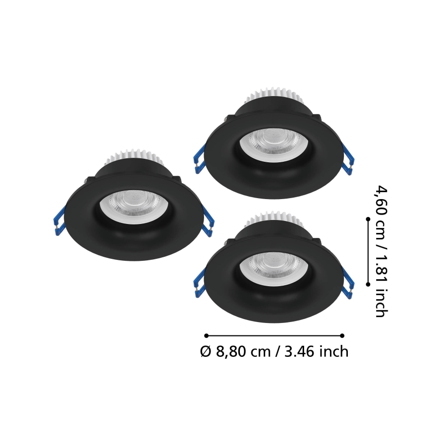 Eglo - Set van 3 LED-inbouwspots voor badkamer, 4,9W, 230V, 2700/4000/6500K, Ø 8,8 cm, IP65, zwart