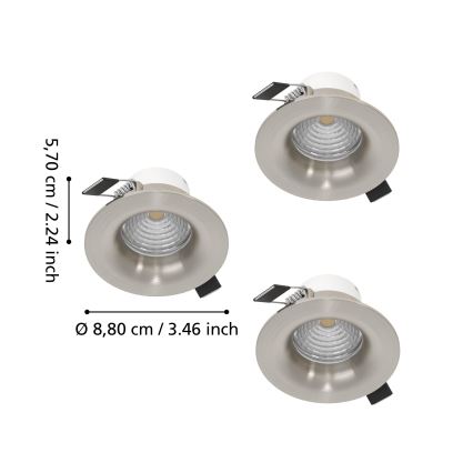 Eglo - Set van 3 dimbare LED-inbouwspots, 4,8 W/230 V, Ø 8,8 cm, mat chroom
