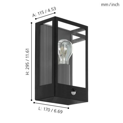 Eglo - Applique murale extérieur avec capteur 1xE27/60W/230V IP44