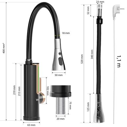 Elektrische doorstroomverwarmer met LED-display 3000W/230V IPX4 zwart/goud