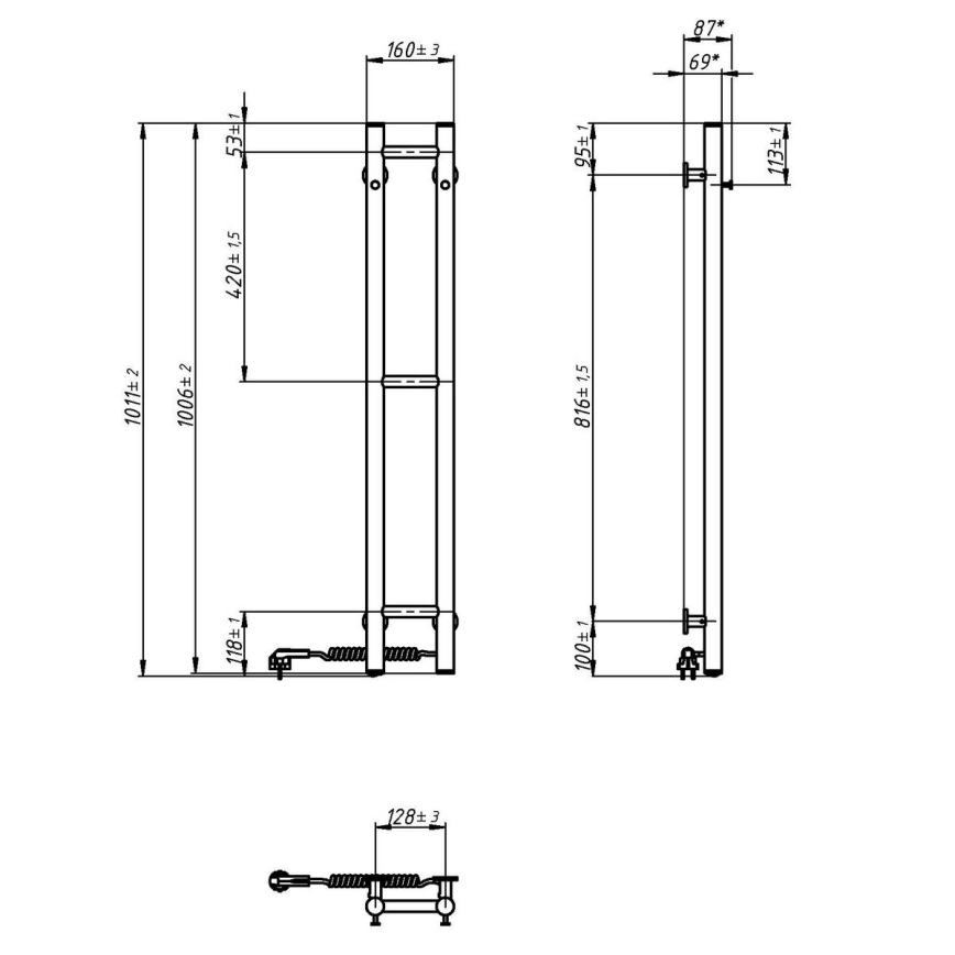 Elektrische handdoekdroger SILOUETTE 46W 100x16 cm wit rechts