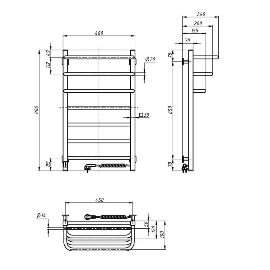 Elektrische handdoekradiator met thermostaat FORTIS 155W 80x48 cm wit rechts